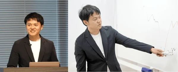 笑顔で壇上に立つ男性と、ホワイトボードで何かを説明する男性の二つのシーンが並んでいます。ビジネスや教育の場で、プレゼンテーションや講義を行っている様子を表しています。